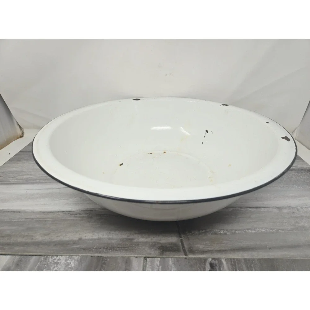 VTG White Black Enamelware Basin Bowl Antique Primitive Large 16